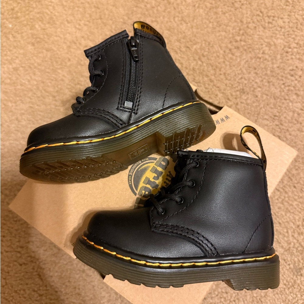 Dr. Martens Black Kids Boots with Yellow Stitching